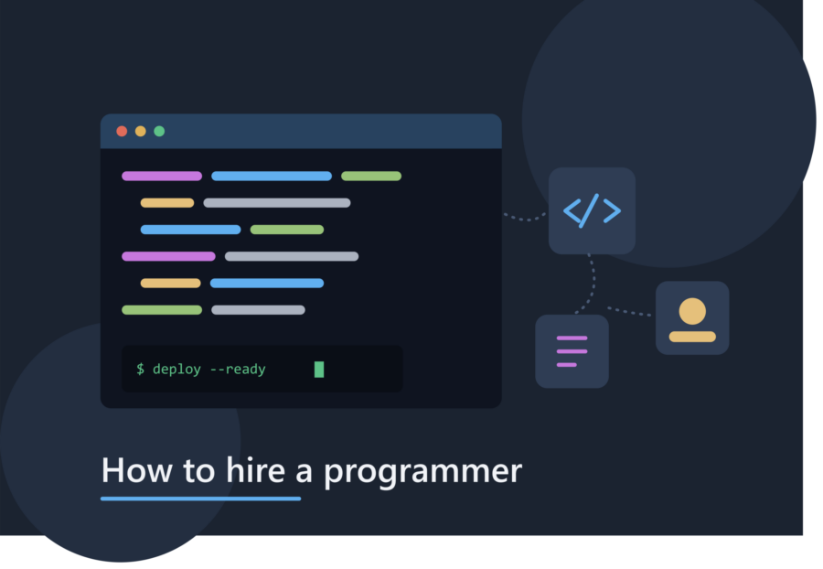 Abstract image with text how to hire a programmer.